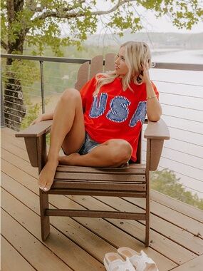 Annie USA Patch Vintage Wash Red Relaxed Fit Tee | Americana | Summer